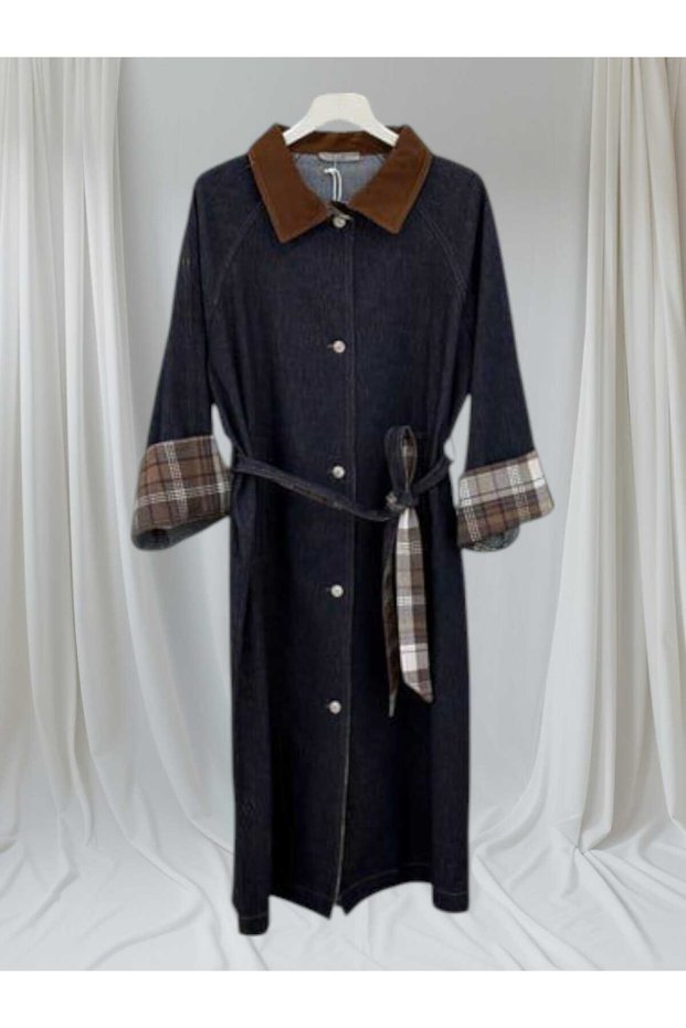 Women's Plaid Detailed Collar Color Changing Denim Trench 32393