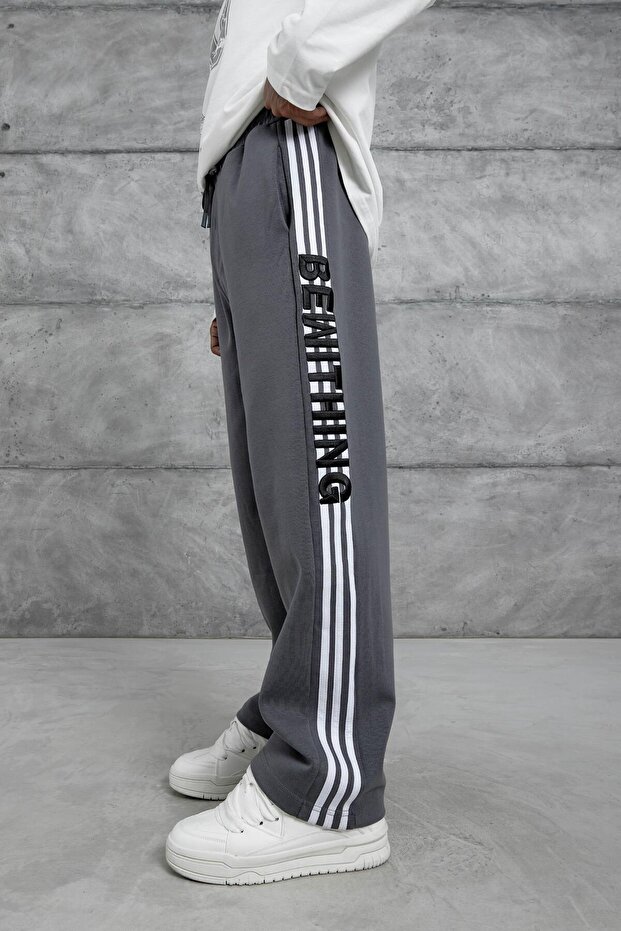 Men's Sweatpants Bewithing Written on the Bottom Smoked Oversize Baggy Loose Fit 3 Yarns Without Ruffles