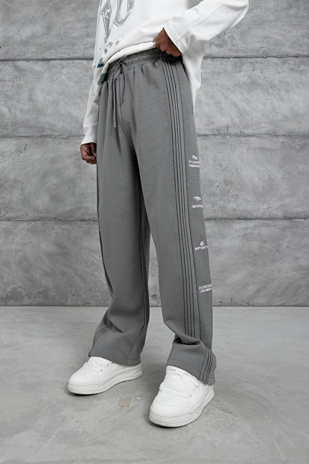 Erkek Füme Unstoppable Yazılı Baggy Kalıp Eşofman Altı - 1