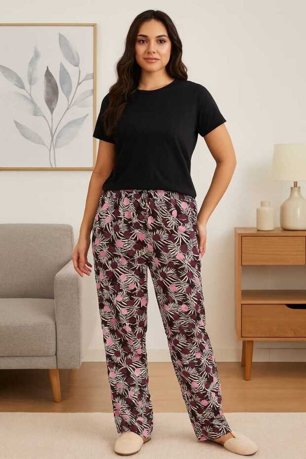 بنطلون منزلي مريح بنقشة أوراق الشجر - 5