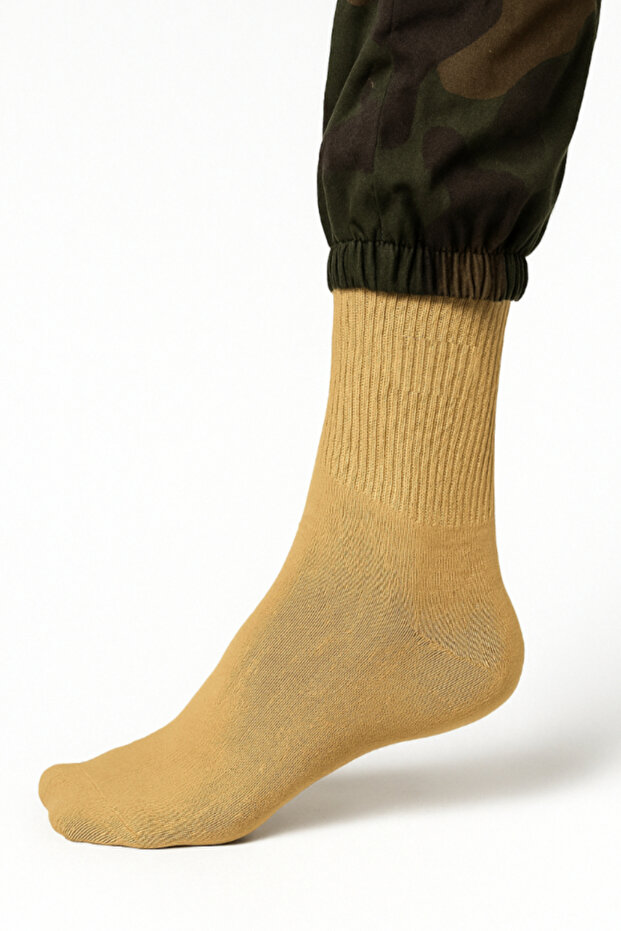 2 Çift Erkek Kadın Çöl Renk Likralı Pamuklu Asker Çorabı - Rahat, Esnek Uzun Askeri Çorap - 3