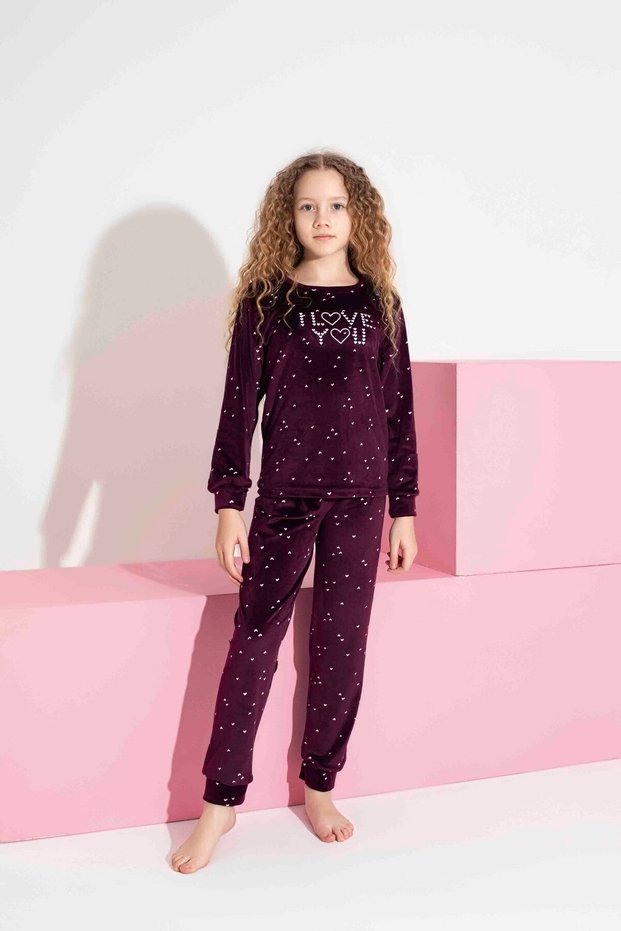 Girl Teenager and Children Heart Pattern Long Sleeve French Velvet Fabric Winter Warm Pajamas Set