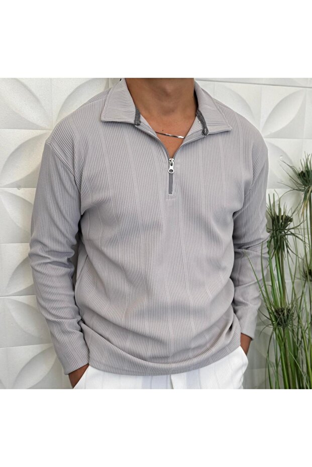 Men's Half Zipper Reported Ottoman Fabric Knitwear Gray