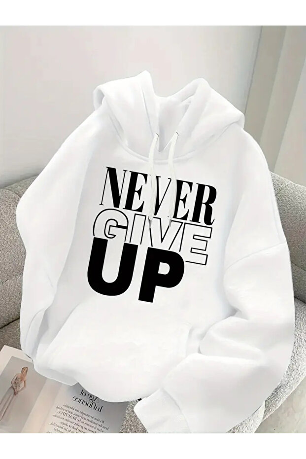 سويت شيرت بقلنسوة للجنسين مكون من 3 خيوط - مطبوع عليه Never Give Up
