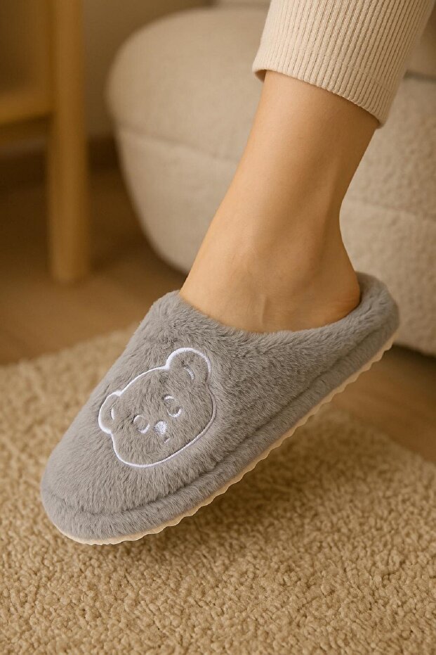 Winter Teddy Bear Embroidered Anatomical Indoor Slippers & Slippers Models Gray