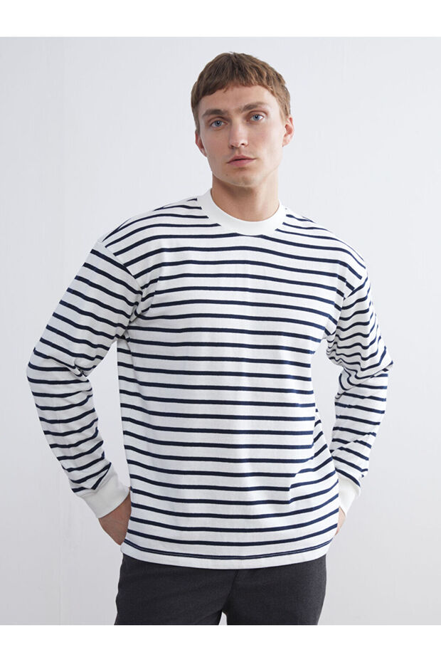 Navy Blue Striped Long Sleeve Men's Sweatshirt
