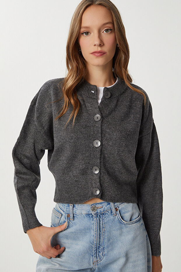 Buttoned Wool Effect Knitwear Cardigan Lbp0028 Anthracite