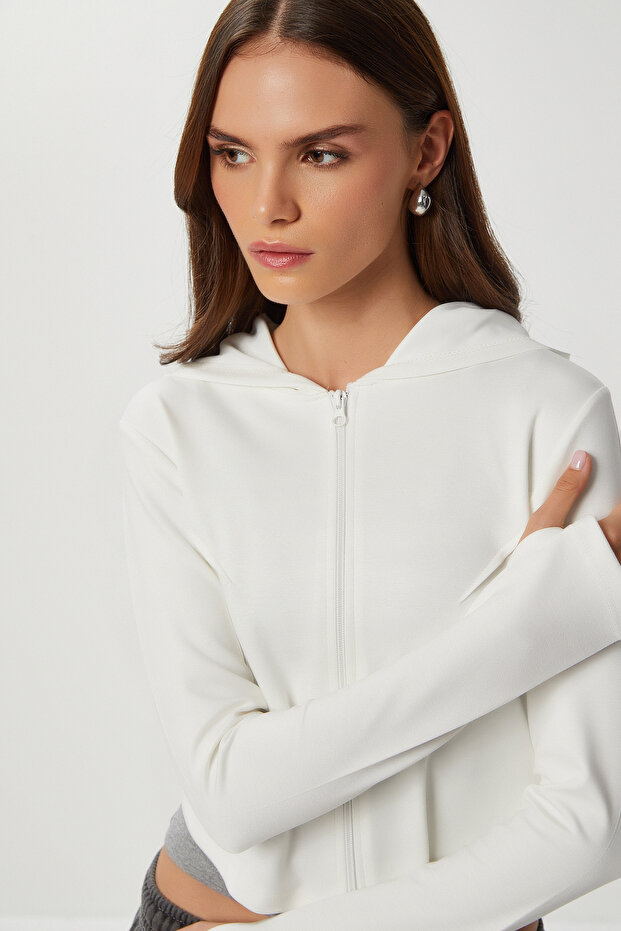 Zippered Hooded Soft Modal Sweatshirt Lan0059 Ekru