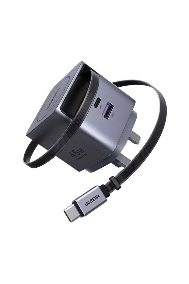 شاحن حائط نيكسود برو مع كابل قابل للسحب، منفذ USB-C، ومنافذ USB، بقوة 45 وات - رمادي