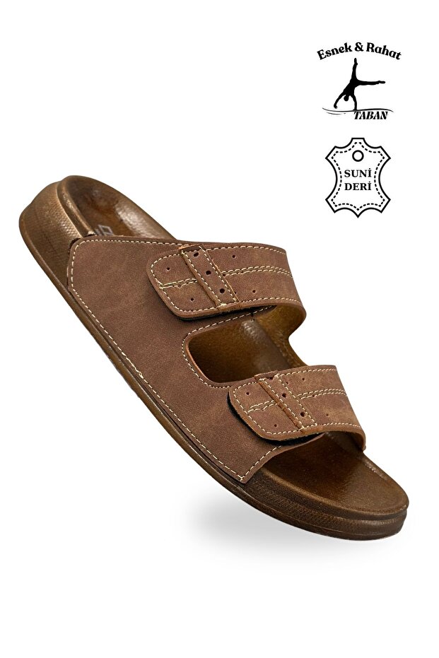 Men's Double Velcro Leather Slippers – Stretchy-Soled Comfortable Everyday Slippers C Tan