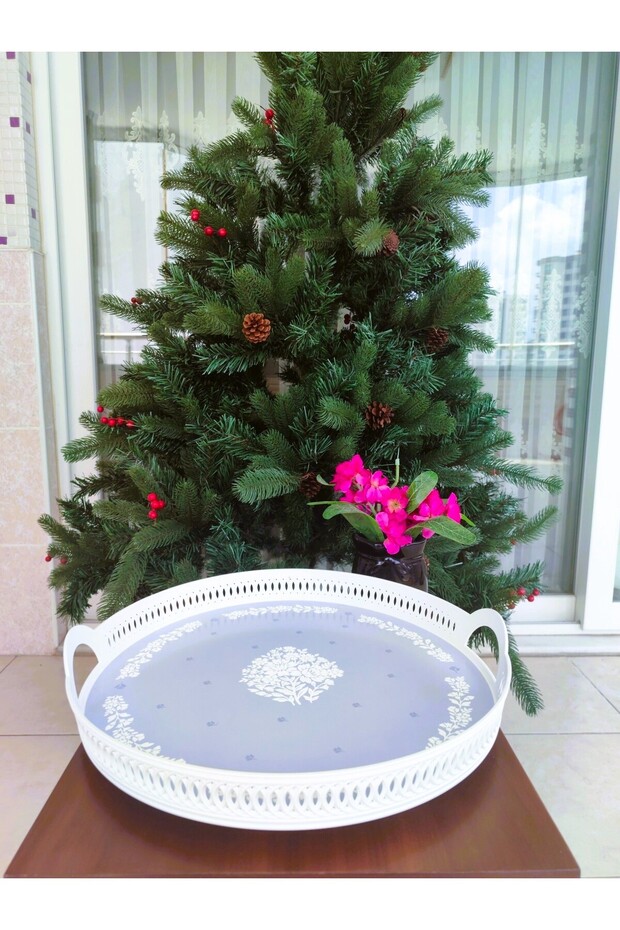Carite 38 Cm Yuvarlak Örgü Tepsi - Mavi - Beyaz - 1 Adet - 8