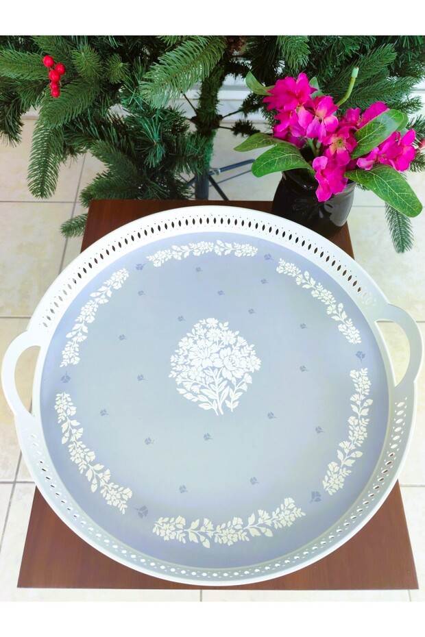 Carite 38 Cm Yuvarlak Örgü Tepsi - Mavi - Beyaz - 1 Adet - 5