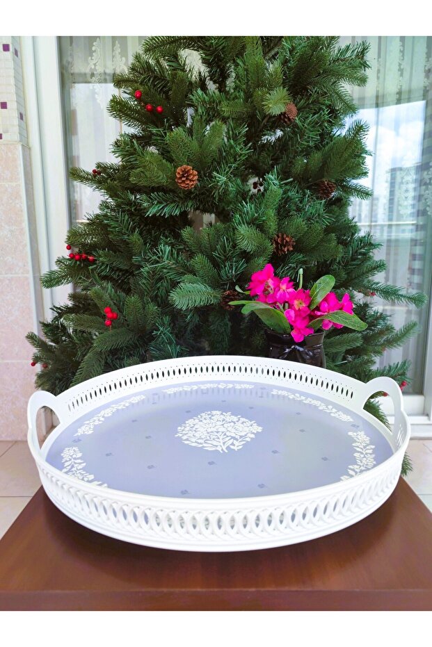 Carite 38 Cm Yuvarlak Örgü Tepsi - Mavi - Beyaz - 1 Adet - 6