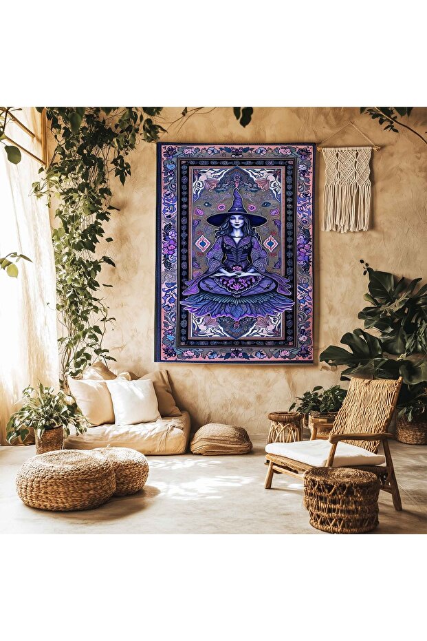 Gotik Mor Cadı Desenli Duvar Örtüsü Duvar Halısı Wall Tapestry - 3