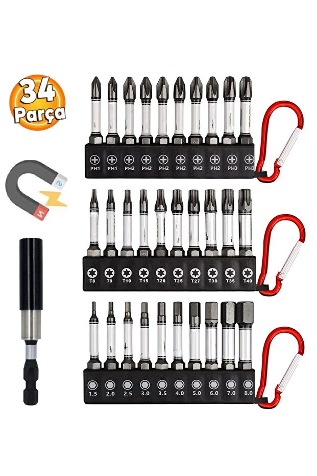 34 Parça Manyetik Hex Bits uç takımı Yıldız Alyan Düz bits Yıldız Bits Yıldız Alyan uzatma Adaptörlü - 1