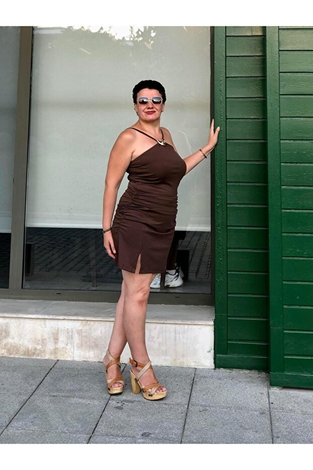 DRAPELİ HALTER MİNİ ELBİSE - 1