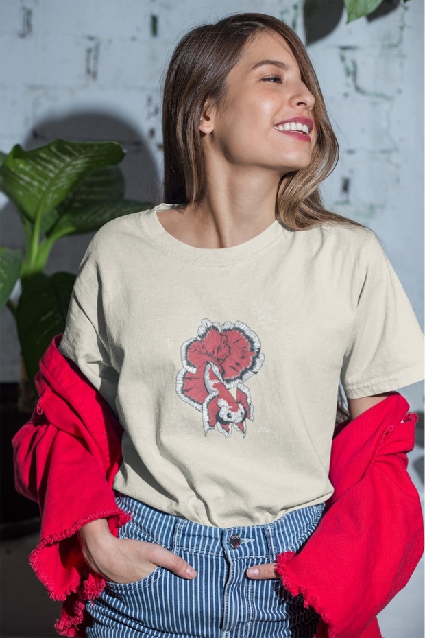Girls/Women Japanese Fish Transfer Printed Round Neck Short Sleeve T-Shirt