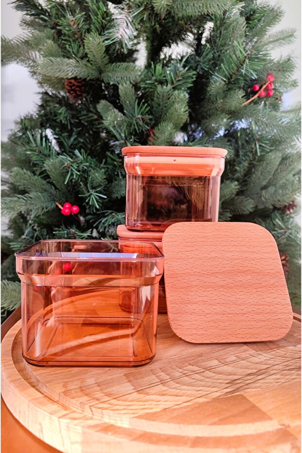 Kaviera Amber 500 ml Wooden Lid Storage Container Set of 3 - Amber - 500 ml