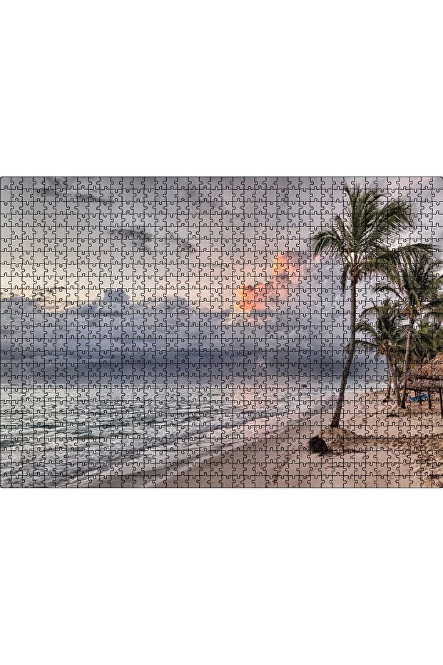 Cakasepetim Sunrise Moonless Beach Palm Trees and Clouds 1000 Piece Puzzle Jigsaw Mdf (Wood)