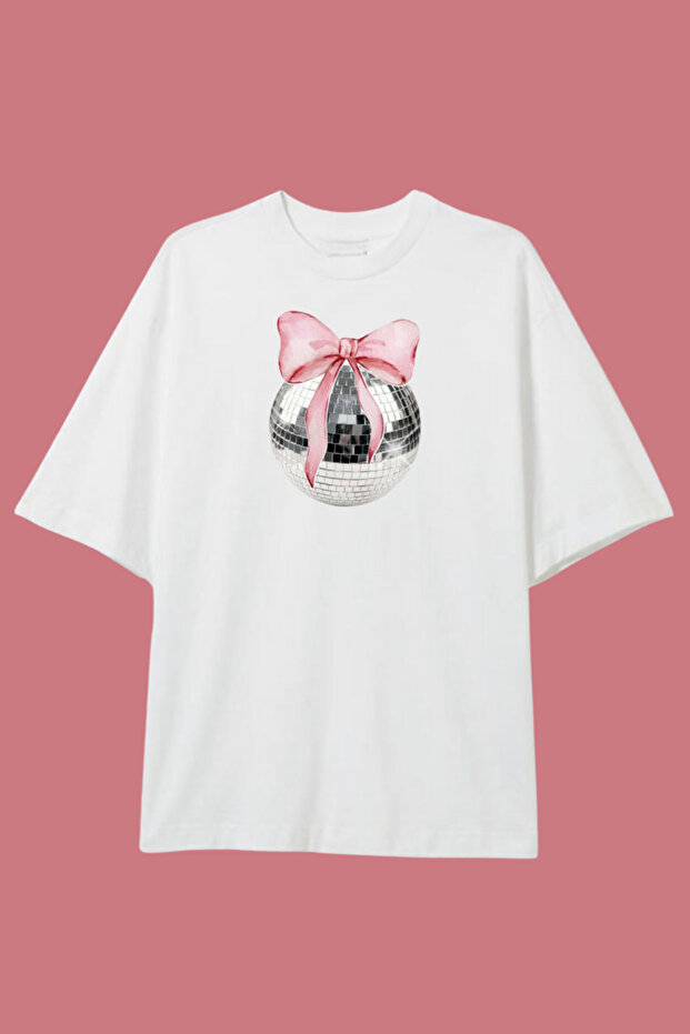 White T-Shirt with Bow Disco Ball Print
