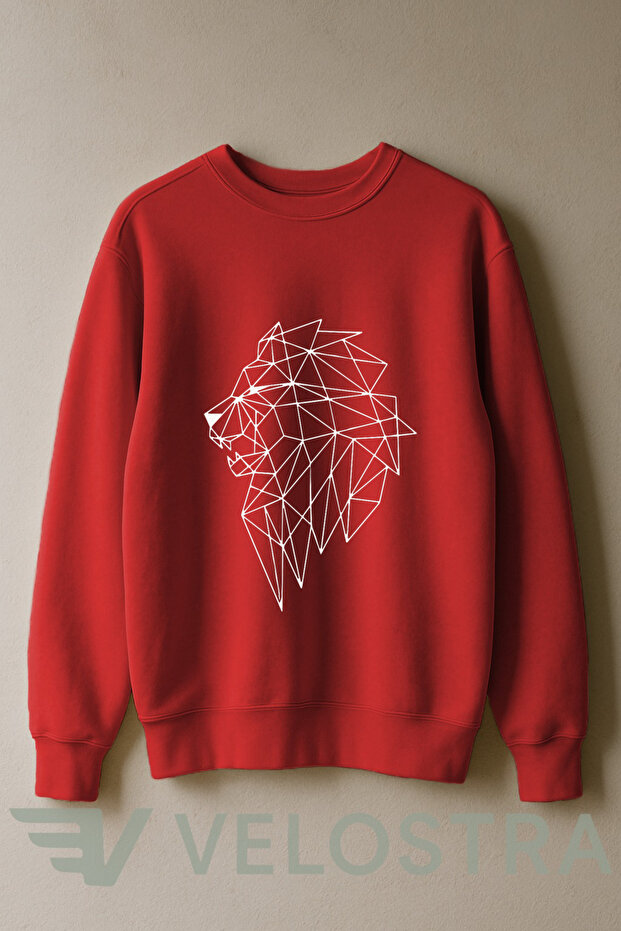 Unisex Linear Lion Printed 3 Thread Inner Ribbed Crew Neck Sweatshirt