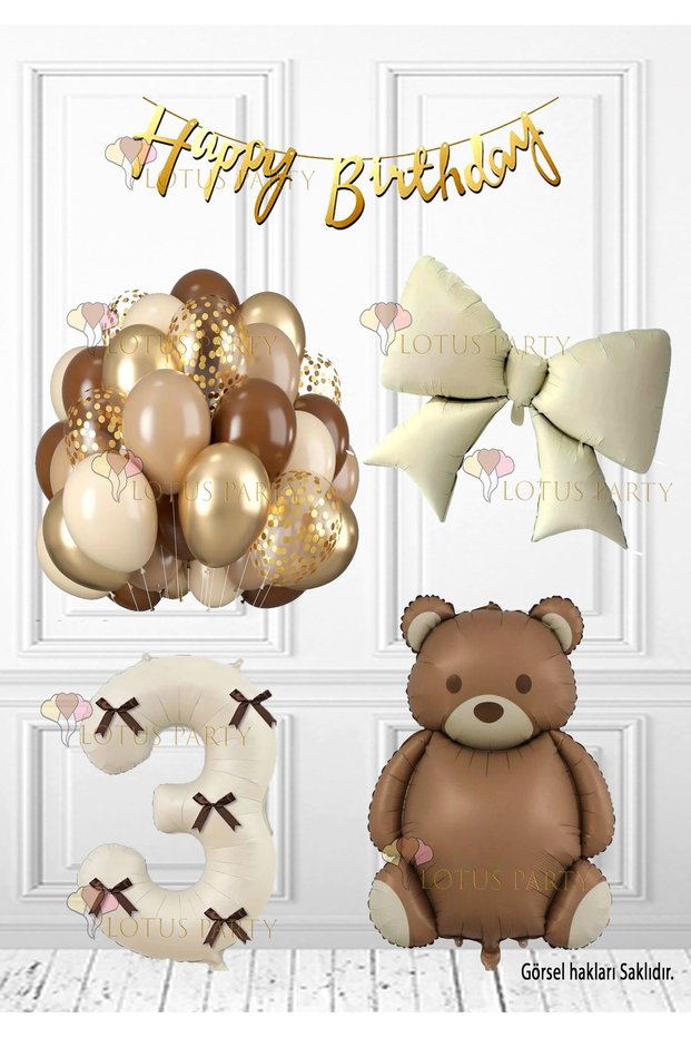 Bow Birth Set Brown Bear Ribbon Number Cream Bow Gold Banner Cream Color Number 3 Years Old