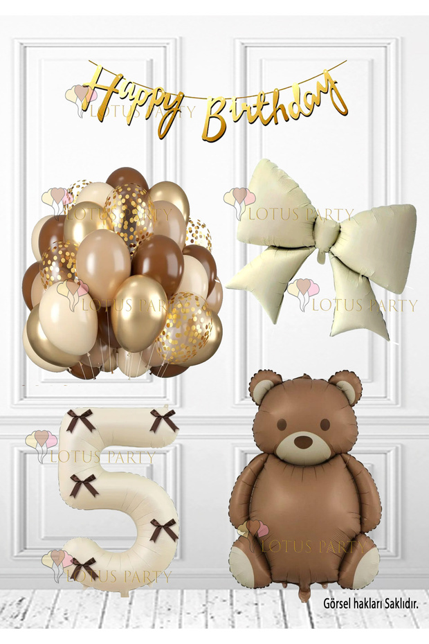 Bow Birthday Set Brown Bear Ribbon Number Cream Bow Gold Banner Cream Color Number 5 Years Old