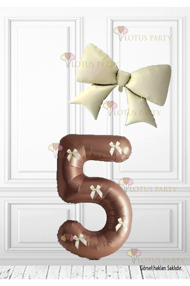 White Color Brown Number Balloon with Bow - Cream Color Bow Foil Balloon Retro Bow Set Age 5