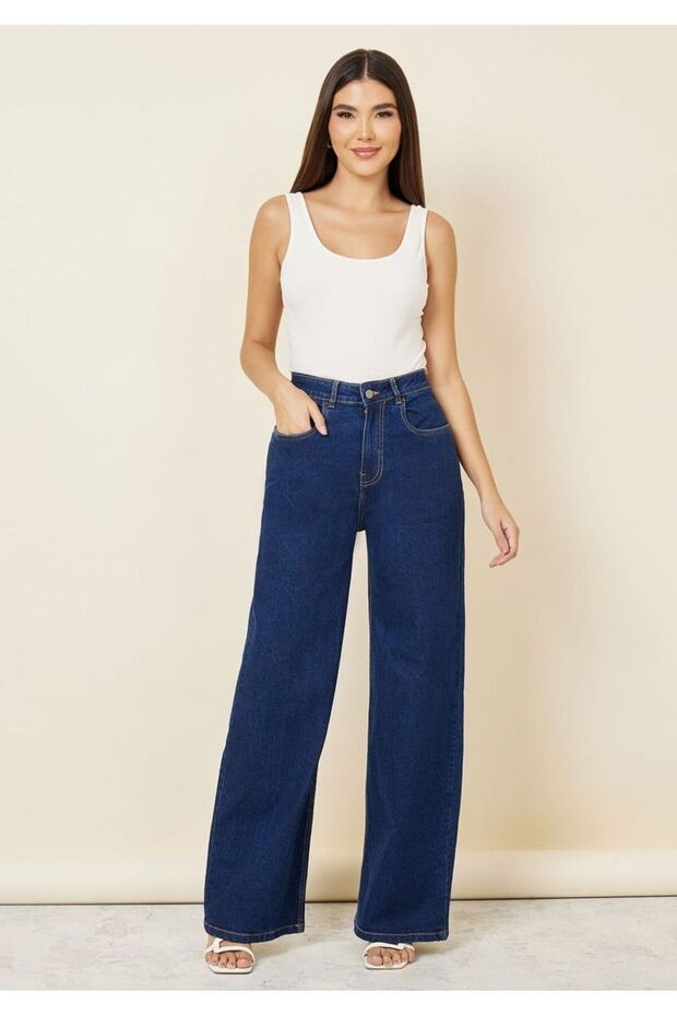Ema 90's Navy Blue Lycra Super High Waist Stretchy Loose Jeans Palazzo Pants