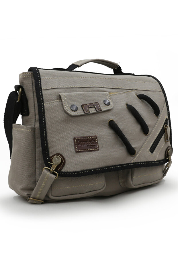4017 Light Gray 14-Inch Laptop Canvas Messenger School Bag Unisex with Lock Multi-Pocket Shoulder Strap
