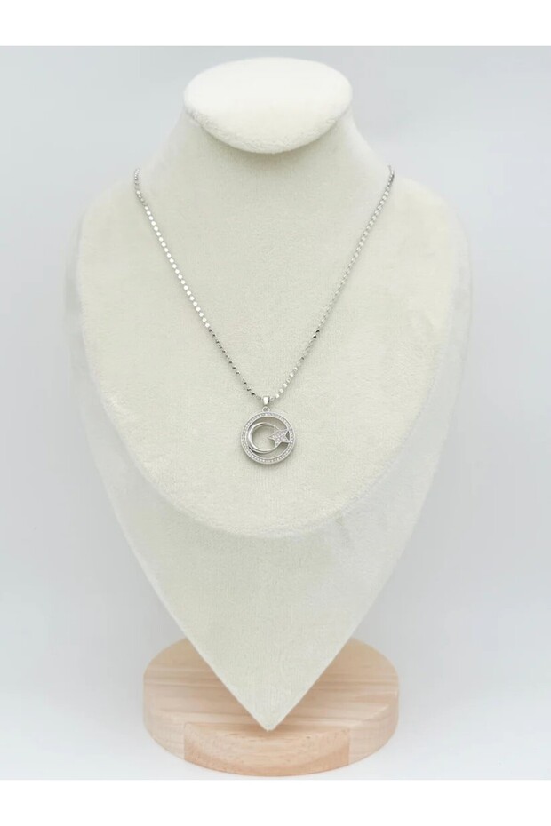 Silver Color Steel Necklace with Zircon Stone Moon and Star Figure