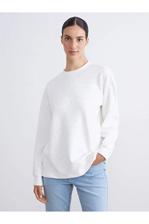 LCWAIKIKI Basic Ekru Taşlı Oversize Kadın Sweatshirt Tunik - 1