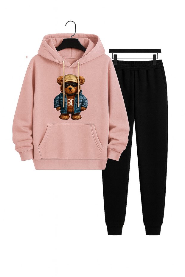 Unisex 2-Piece Tracksuit Set | Teddy Bear Printed Hoodie and Bottoms Top Comfortable Casual Modern Style