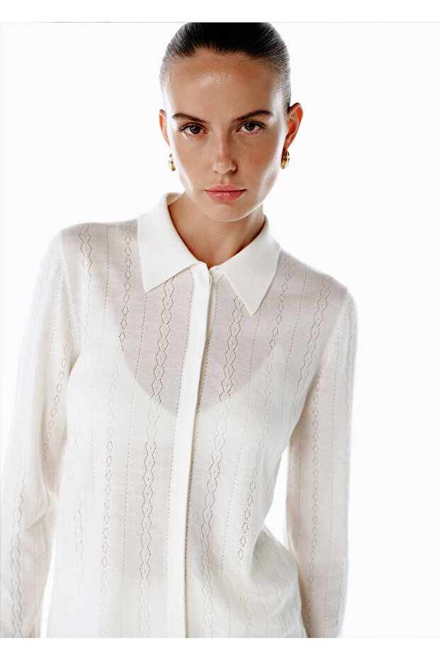 Extrafıne Merino Yün Karışımlı Triko Gömlek Ekru - 1