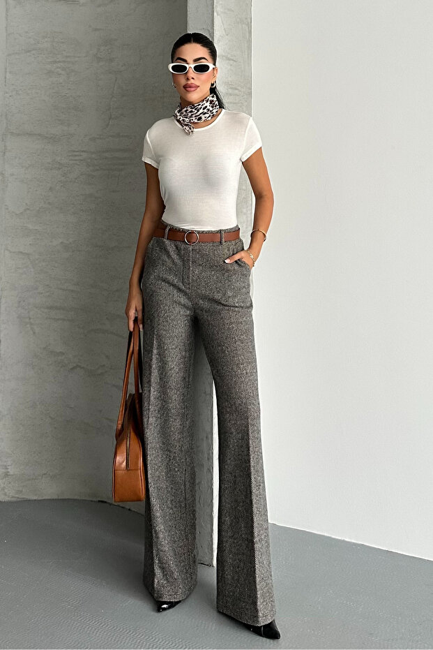 Női mintás, bő szárú, zsebes, öves palazzo nadrág - 2