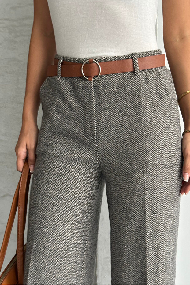 Női mintás, bő szárú, zsebes, öves palazzo nadrág - 7