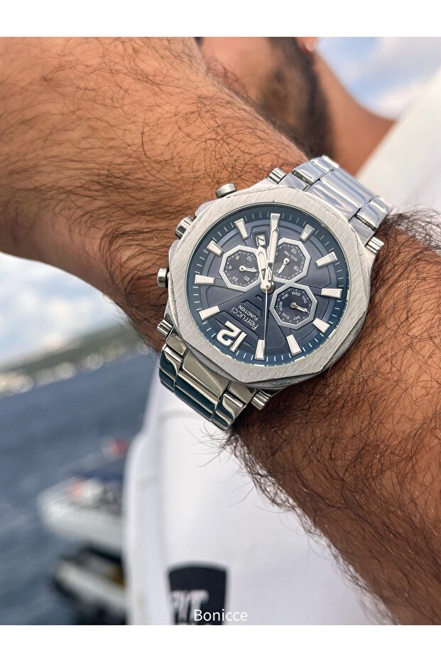 Functions Active, Silver Navy Blue Steel Cord Men's Wristwatch Bracelet