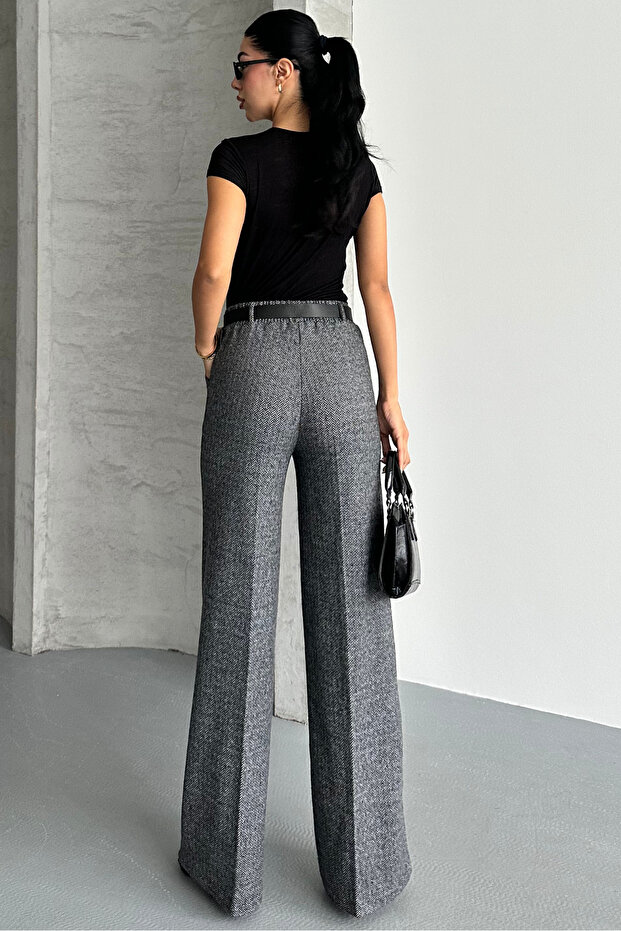 بنطلون نسائي واسع الساق منقوش بحزام وجيوب - 5