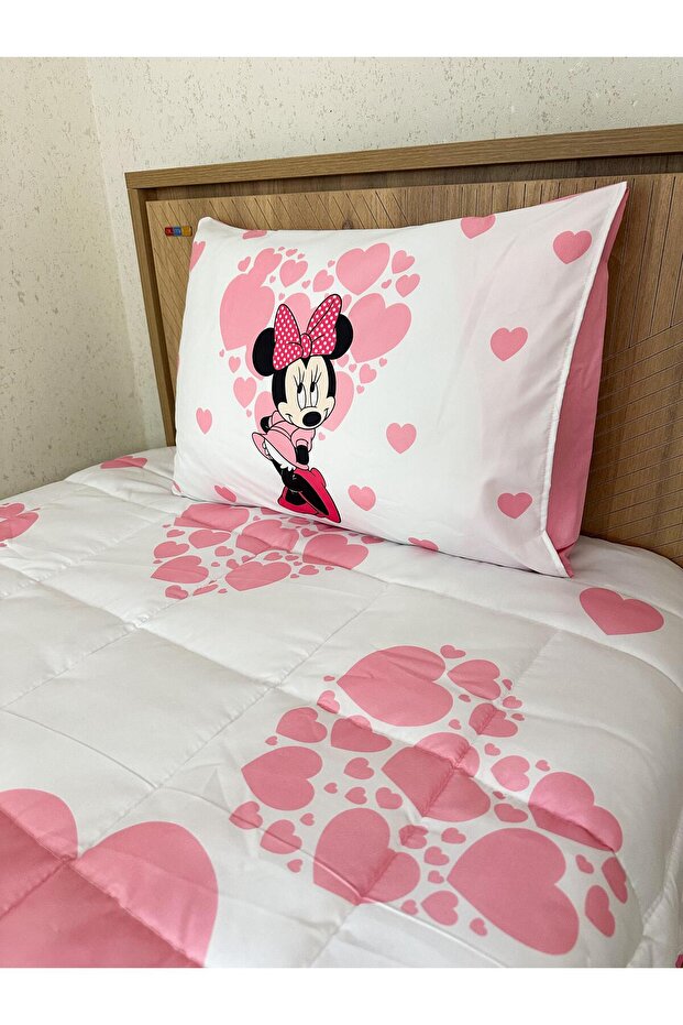 Minnie Mouse Desenli, Kapitone Dikişli Tek Kişilik Yatak Örtüsü Seti 160x220 cm + Yastık Kılıfı - 6