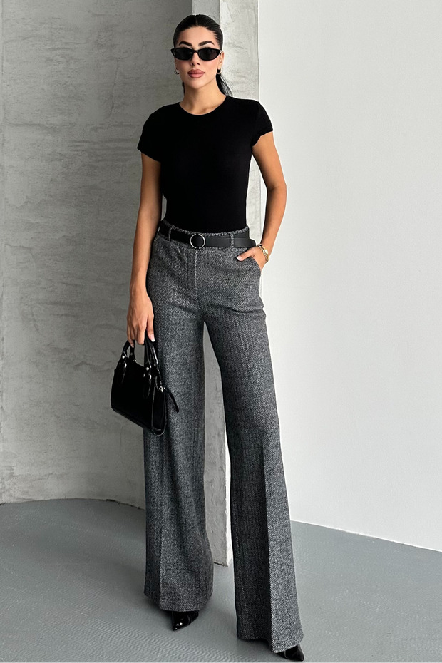 بنطلون نسائي واسع الساق منقوش بحزام وجيوب - 8