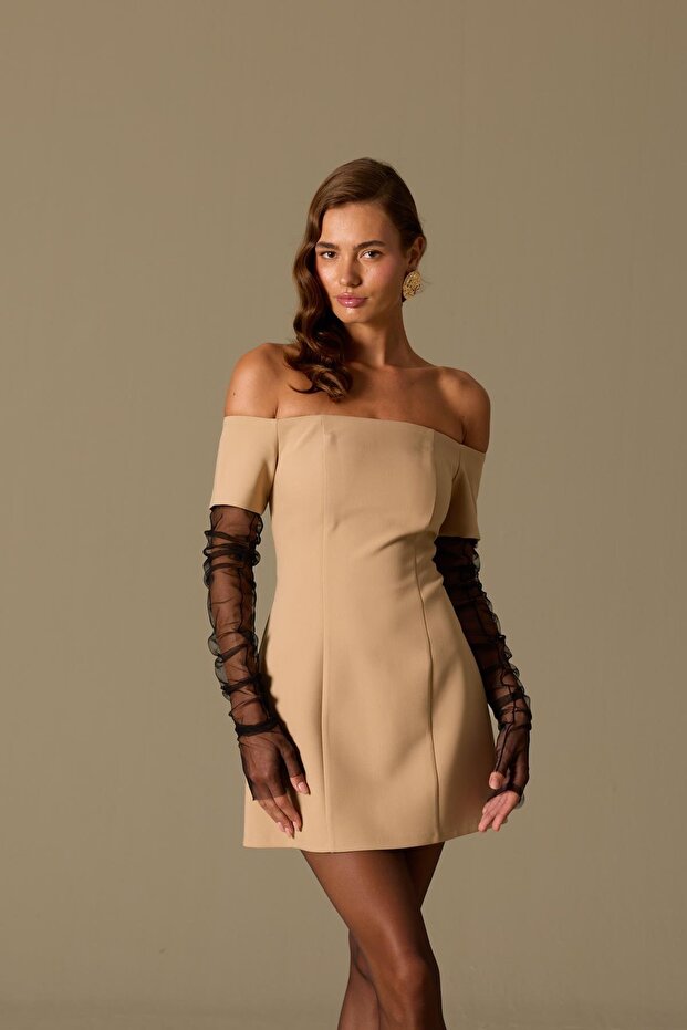 Minimal Chic Straplez Mini Elbise Camel - 3