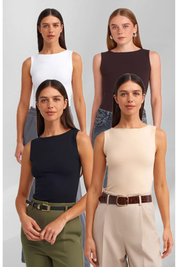 Boat Neck 3-Piece Sleeveless Top - Black White Cream Brown