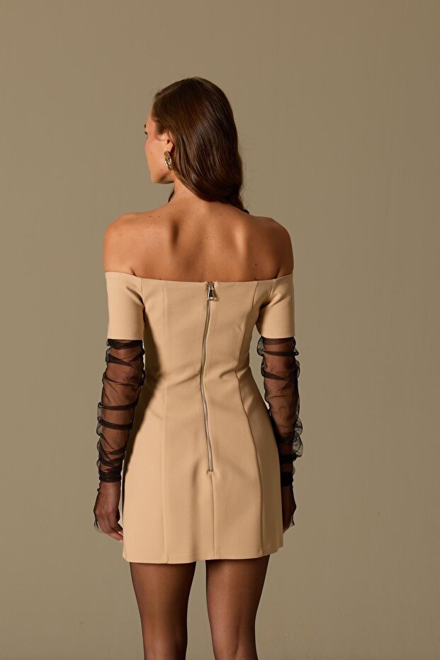 Minimal Chic Straplez Mini Elbise Camel - 6