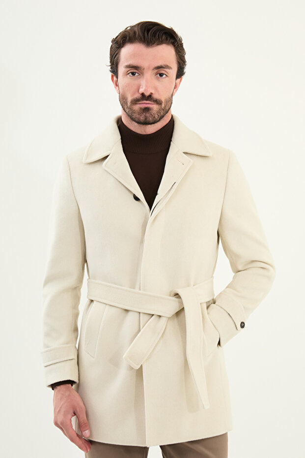 Plain Slim Fit Shirt Collar Belted Cashmere Men's Coat Ecru - 21288.23K