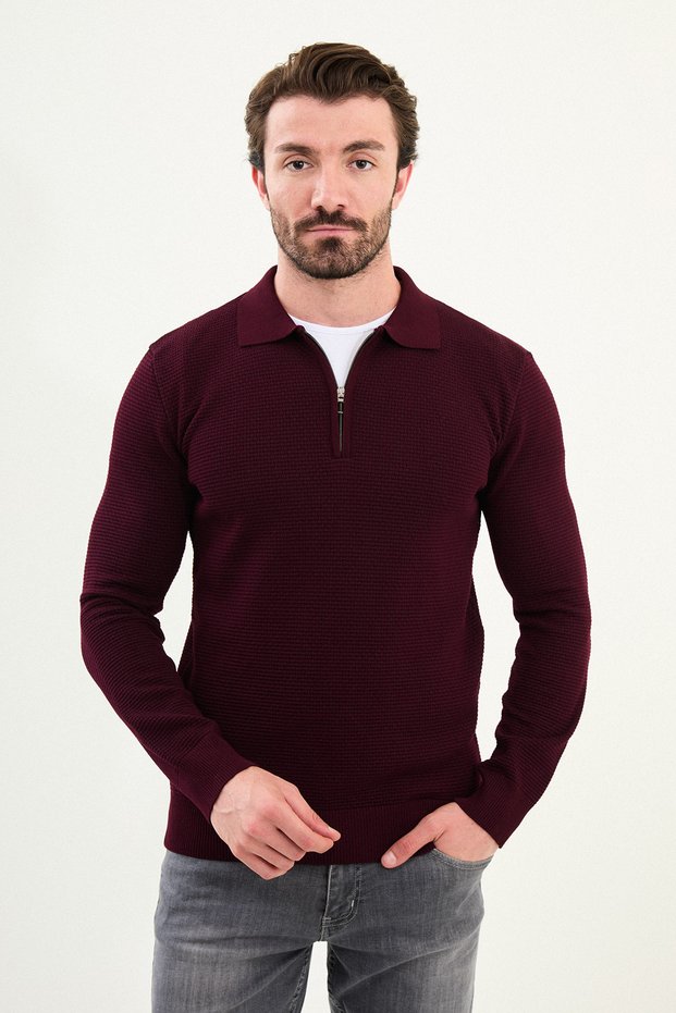 Textured Slim Fit Zippered Polo Neck Men's Knitwear Sweater Burgundy - 11567.25K