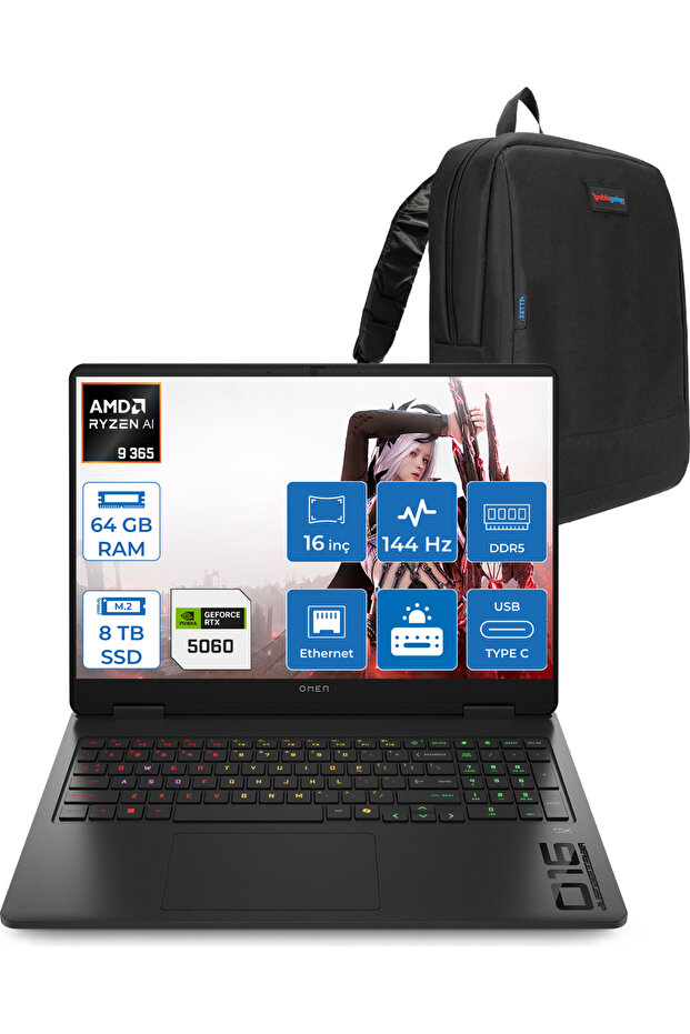 Omen 16-AP0020NT AI R9 365 64GB Ddr5 8tb RTX5060 8gb 16 Inç 144Hz FDOS C12CPEAF36 + Zetta Çanta - 1