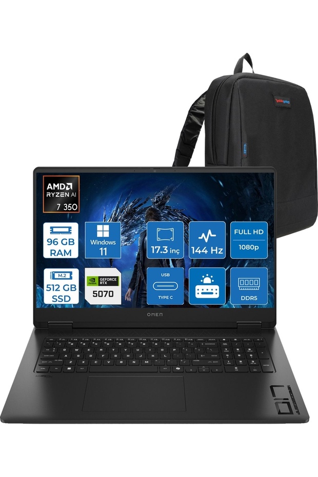 Omen 17-DB1005NT AI R7 350 96GB Ddr5 512GB RTX5070 8gb 17.3" 144Hz W11Home C67G2EAH43 + Zetta Çanta - 1