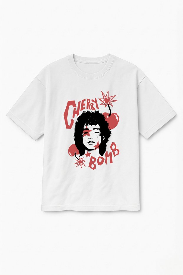 Oversize White Unisex Cherry Bomb Printed T-Shirt T-Shirt