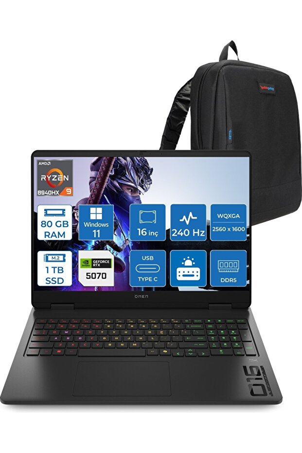Omen 16-AP0014NT R9 8940HX 80GB 1tb RTX5070 8gb 16" 240Hz 500NITS W11Home C12CJEAH38 + Zetta Çanta - 1
