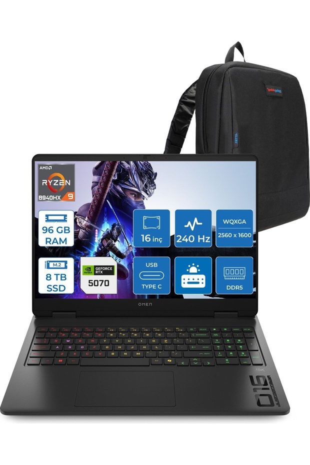 Omen 16-AP0014NT R9 8940HX 96GB Ddr5 8tb RTX5070 8gb 16" 240Hz 500NITS FDOS C12CJEAF48 + Zetta Çanta - 1